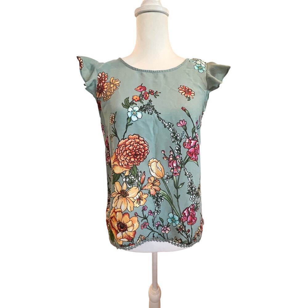 twine & string blousen ruffled cap sleeve blue floral top womens small